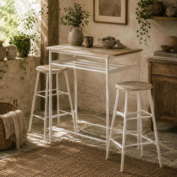 Wyld Haus Fira Rodo Metal And Wooden White And Oak Breakfast Bar Table And Stool Set With Storage
