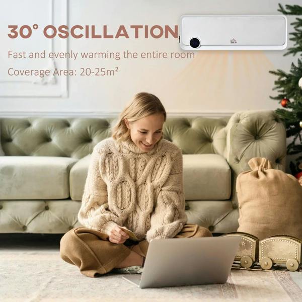 White wall-mounted electric space heater with digital display and oscillation feature