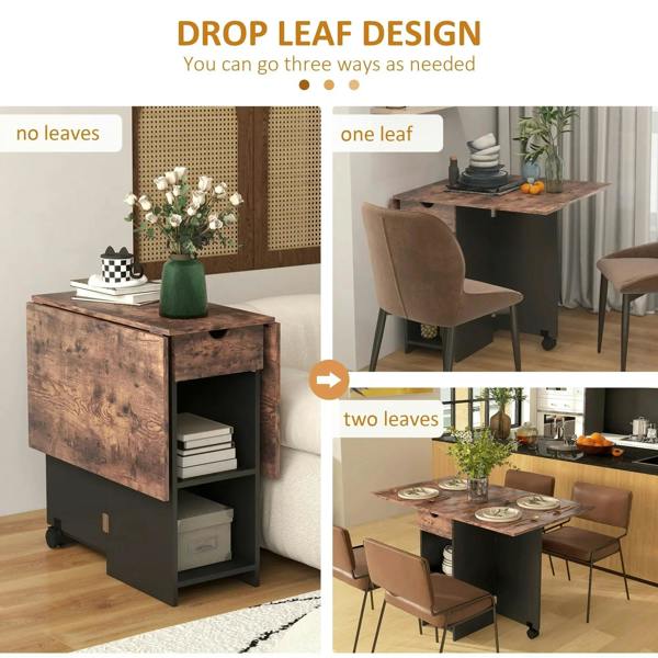 Folding dining table drop-leaf design with adjustable leaf sections and a storage cabinet base.