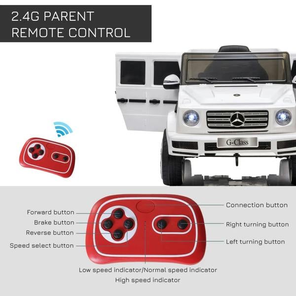 2.4G parent remote control with buttons for forward, reverse, and turn for kids ride-on car