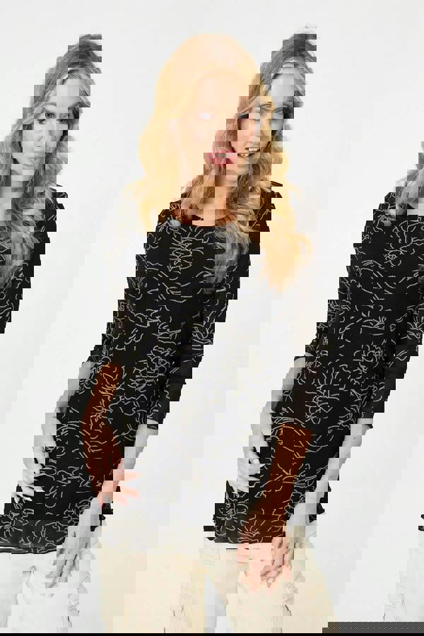 Black | Floral Print Semi Sheer Layered Top