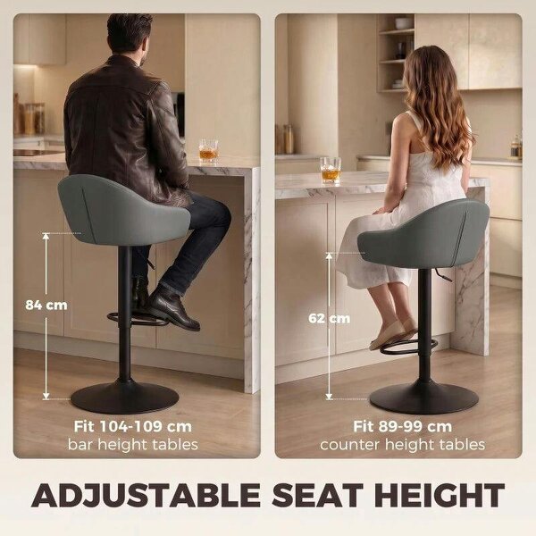 Bar Stools Adjustable Heights Breakfast Bar Stools Backrest Armrests Set of 2 with Rubber Ring Metal Base, Grey