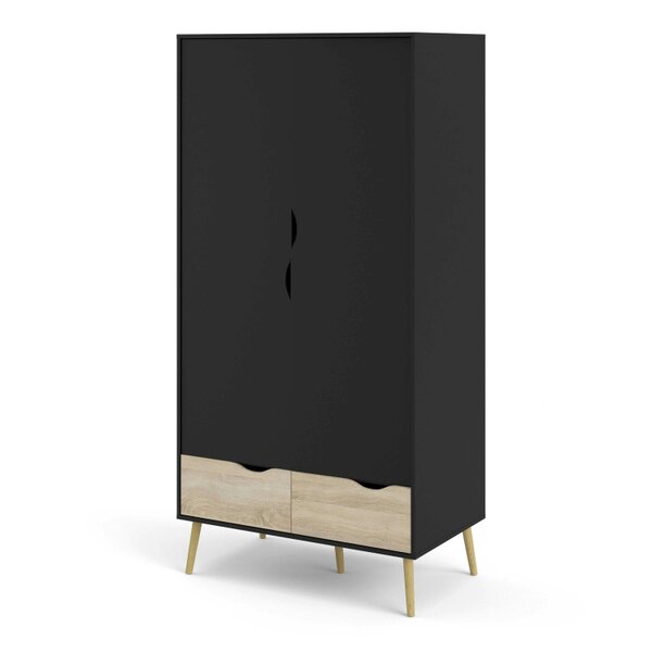 Wyld Haus Sapporo Black and Natural Oak Wardrobe 2 Doors 2 Drawers