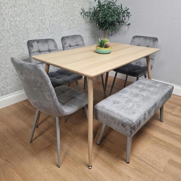 Kosy Koala Dining Table Set With 4 Grey Velvet Chairs And 1 Grey Velvet Bench Dining Room Furniture