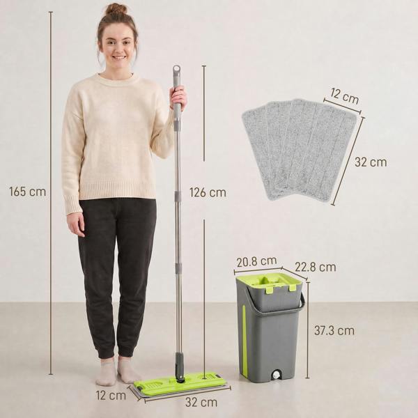 HOMCOM Mop and Bucket Set, Compact Flat Mop System, Dark Grey and Green