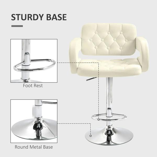 Beige bar stool with sturdy round chrome base, footrest ring, padded seat and back