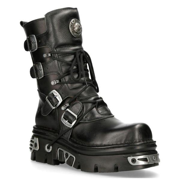 New Rock Unisex Black Leather Gothic Mid-Calf Boots-373-S4