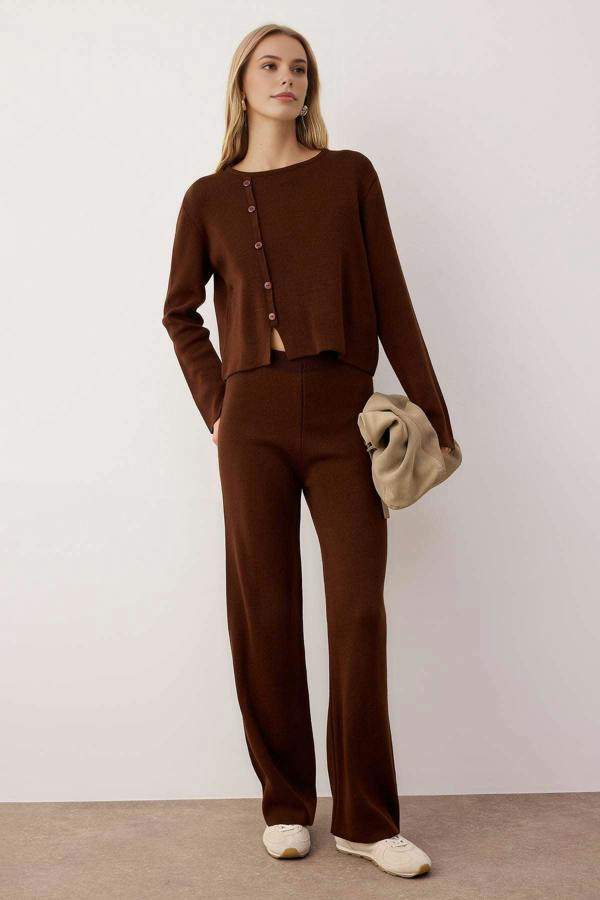WOVCOR 2-Piece Asymmetric Button Detail Sweater-Pants Knitwear Set