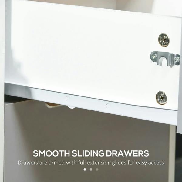 Close-up of smooth sliding drawers in a white and grey locking filing cabinet
