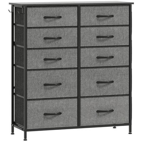 Charcoal grey fabric drawer storage cabinet with 10 drawers and metal frame, black pull handles