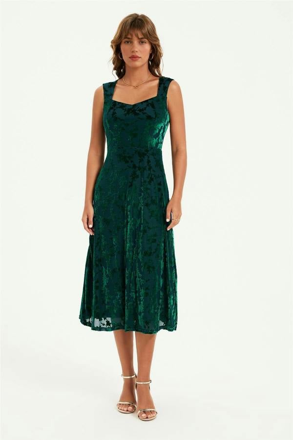 FS Collection Floral Velvet Devore Sweetheart Neck Midi Dress In Green