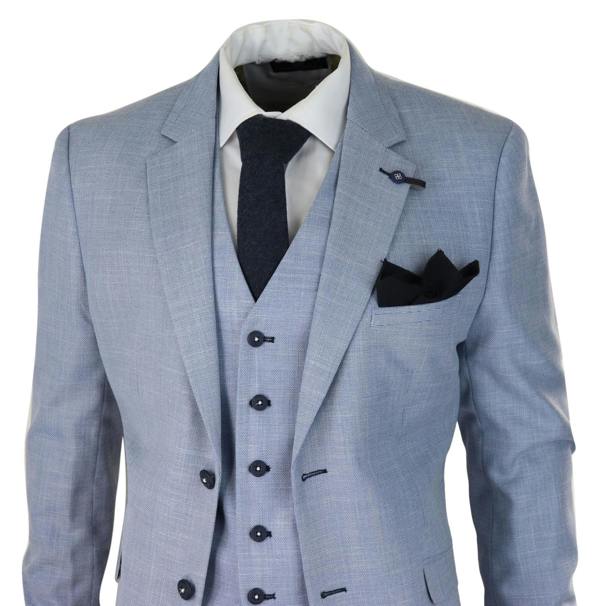 House of Cavani Mens 3 Piece Linen Suit Light Blue Summer Tailored Fit Wedding Prom Classic Suit