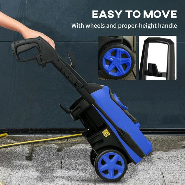 Blue portable pressure washer on wheels with tall handle for easy moving