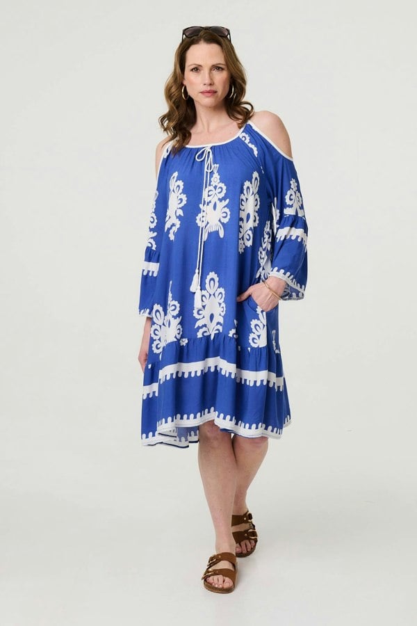 Blue | Ikat Print Cut Out Knee Length Sun Dress
