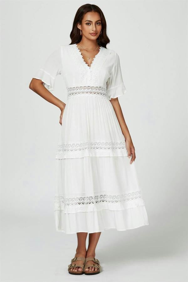 FS Collection V Neck Lace Detail Midi Dress In White