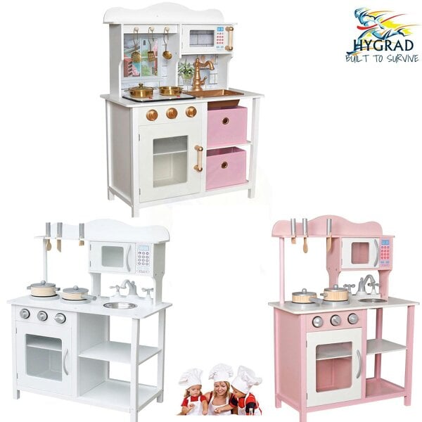 HYGRAD BUILT TO SURVIVE HYGRAD Kids Wooden Play Kitchen Set Children's Role Play Pretend Toy Pink White