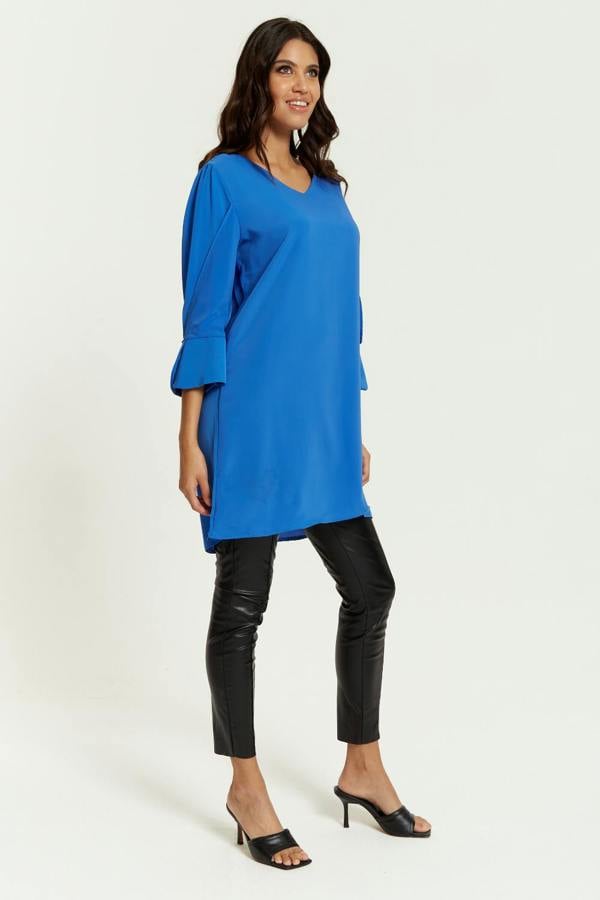Hoxton Gal Oversized Detailed Sleeves V Neck Tunic in Blue