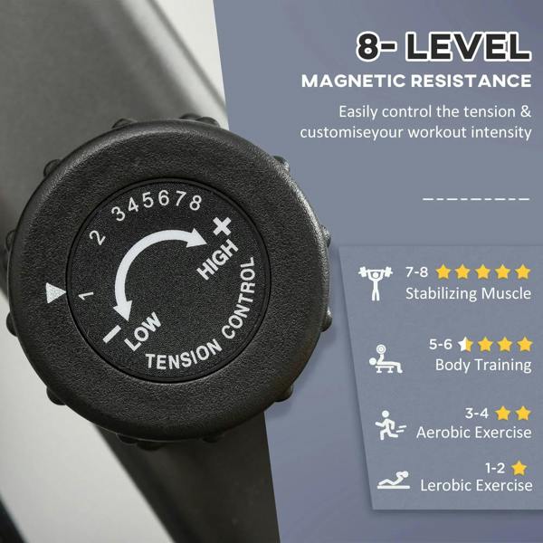 8-level magnetic resistance dial with high and low tension markings on recumbent bike