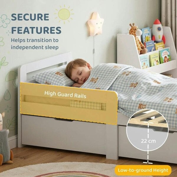 Wooden Kids Bed Frame with 2 Storage Drawers and Guard Rails for Ages 4-14, 144 x 76 x 57 cm (No Mattress), Grey