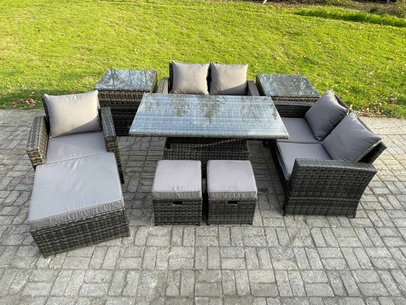 Fimous 8 Seater Rattan Outdoor Furniture Set - Dark Grey Mixed with Height Adjustable Rising Table, Sofa & 2 Side Tables