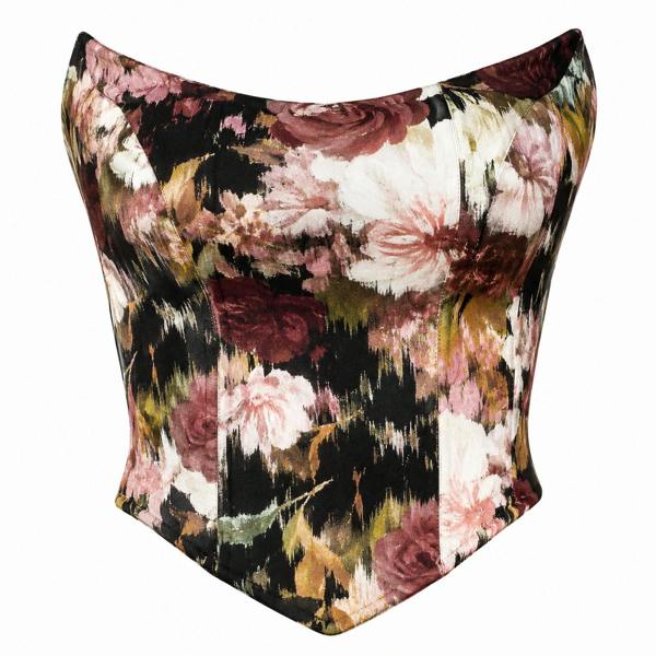 The Sarvin Ivy Corset Top is a strapless, waist-cinching piece featuring a floral print in burgundy, pink, green, and black tones, shown against a white background.