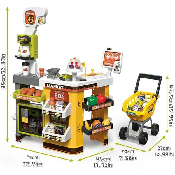 deAO Toys Kids Supermarket Pretend Play Set - Cash Register with Scanner, Lights & Sounds, Shopping Cart, 65 Accessories for Ages 3+
