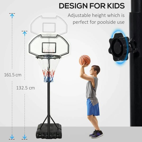 Kids basketball hoop stand with black pole, white backboard, and hanging net