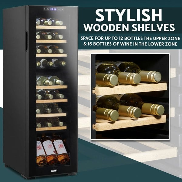 27 Bottle Dual Zone Freestanding Wine Cooler Fridge - LED Backlit BLACK & GLASS - LoopsDirect