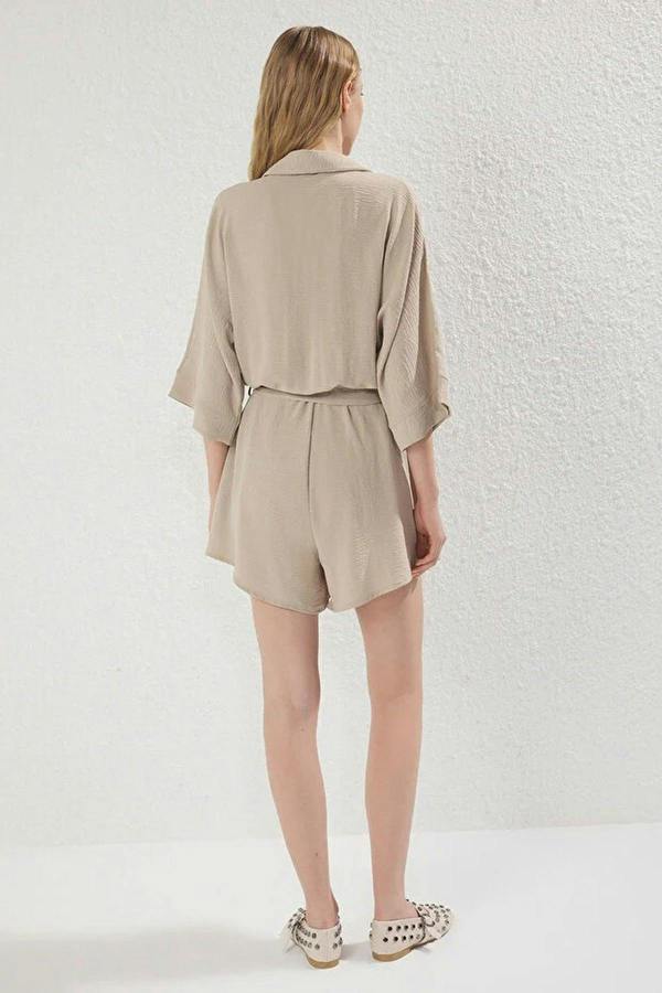 WOVCOR Collared Batwing Sleeve Belted Mini Jumpsuit