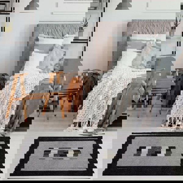 Modern Living Room Rug Bordered Design Grey Black | The Rugs