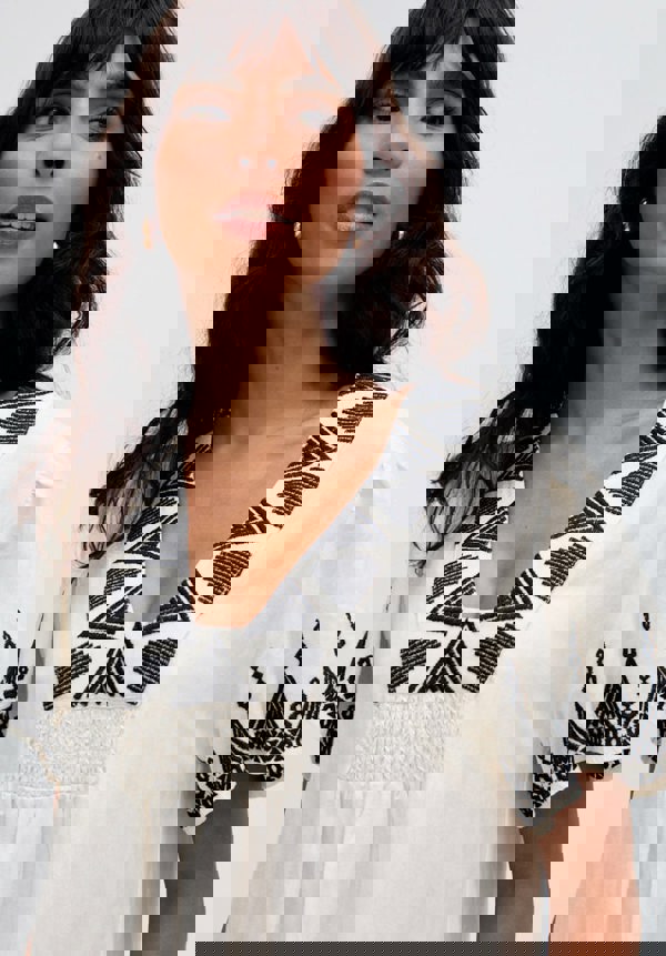 Liberty V-Neck Embroidered Mini Dress In Cream