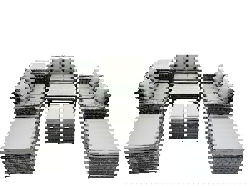 Fimous Outdoor Love Sofa Set 10 Seat Rattan Garden Furniture Set with Oblong Coffee Table 4 Stools Side Table Dark Grey Mixed