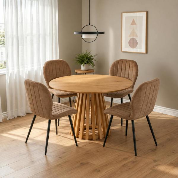 Outdoor Living Kayci Round Oak Dining Table with 4 Jaydn Chairs
