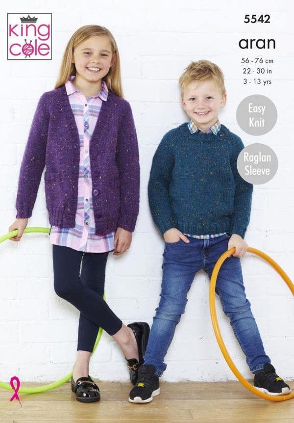 King Cole Fashion Aran Knitting Pattern 5542, Cardigans, Sweaters for Kids, 3 - 13 Years - Easy