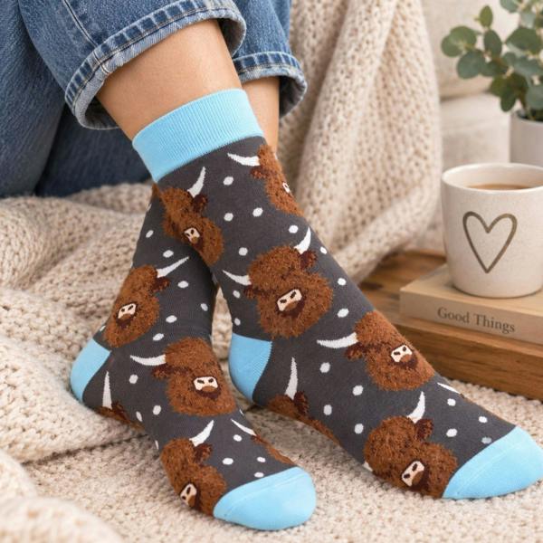 Ladies Highland Cow Cotton Blend Socks UK Size 4-7