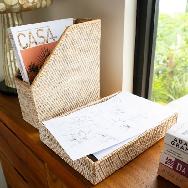 Natural rattan A4 paper tray lifestyle desk organiser handwoven