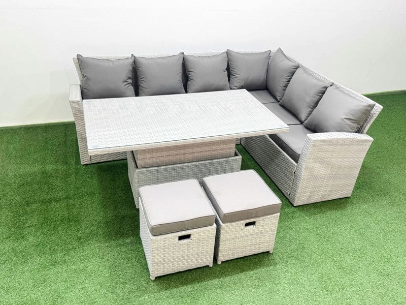 Fimous 8 Seat Rattan Garden Furniture Corner Sofa Set Adjustable Lifting Dining or Coffee Table Set with Armchair 2 Small Footstools Light Grey