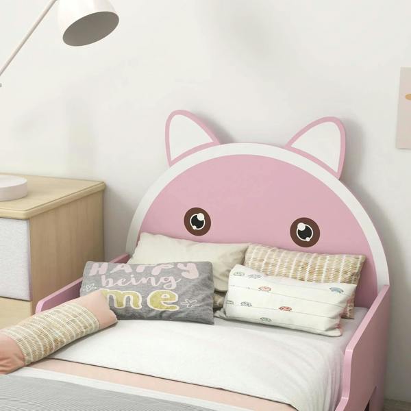 Pink cat-headboard toddler bed frame with guardrails, featuring a cushioned rail.