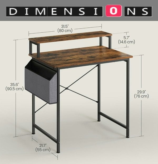 Modcraft Industrial Style Computer Desk with Monitor Riser, Fabric Pouch, Adjustable Legs, 55 x 80 x 90.5 cm