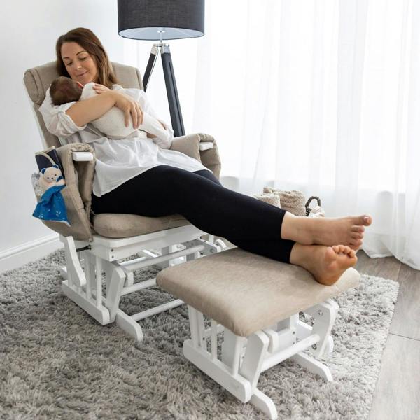 Chatsworth glider nursing chair white wood and cappuccino cushions 