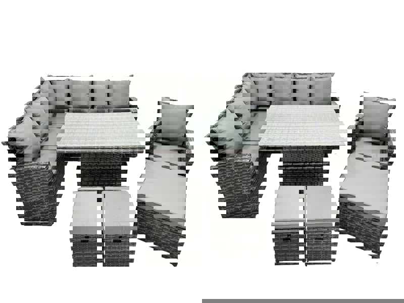 Fimous Poly Rattan Outdoor Patio Height Adjustable Rising Lifting Table Corner Sofa Set with 3 Stools for Garden Backyard Dark Grey Mixed