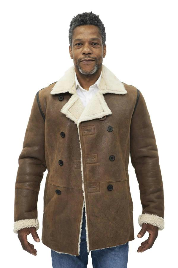 Infinity Leather Mens Double Breasted Shearling Sheepskin Pea Coat-Valencia