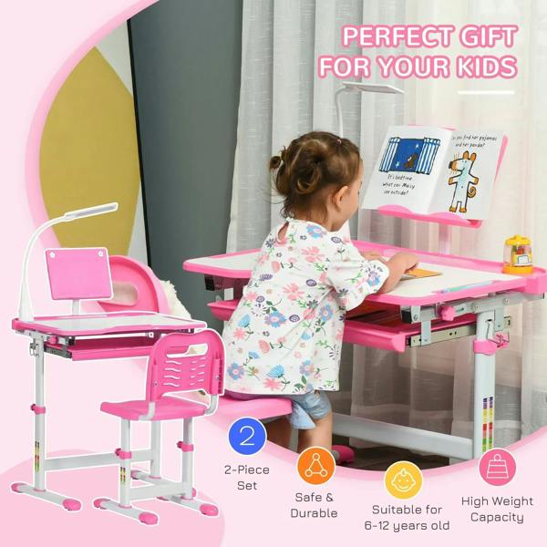 Pink kids study desk and chair set with lamp and storage shelf for schoolwork