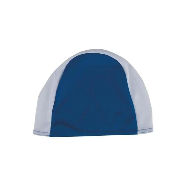 Navy blue and white adult polyester fabric swim cap with stretchy design