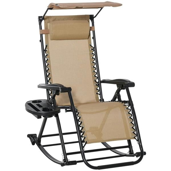 Beige folding rocking patio sun lounger chair with headrest and side cup holder tray