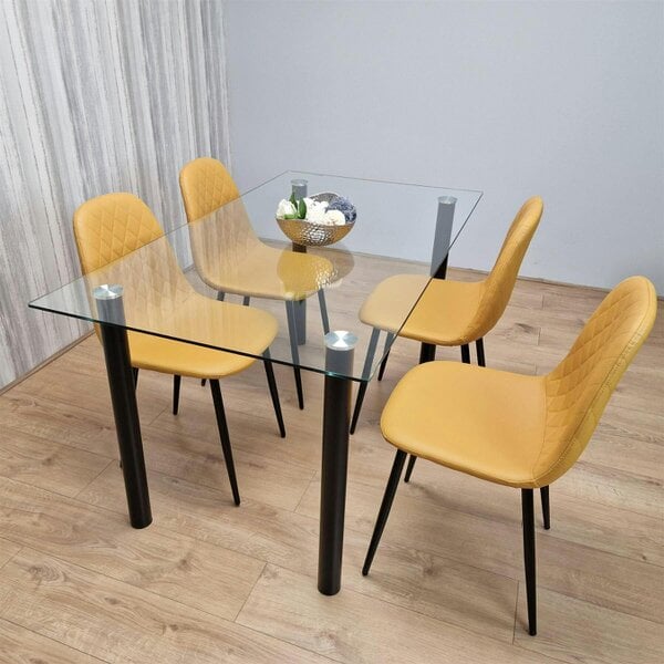 Kosy Koala White Clear Glass Dining Table with 4 Mustard Chairs Dining Room Furniture 120cm
