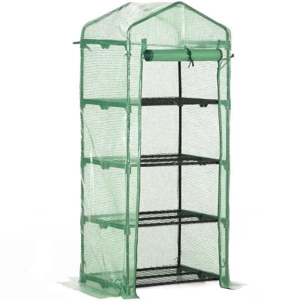Portable mini greenhouse with green PE cover and 4-tier metal shelving, roll-up sides