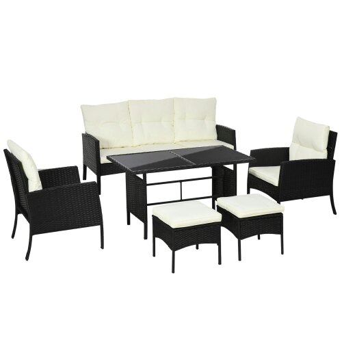 Wyld Haus Coma 7 Seater Black and White Rattan Garden Sofa Set With Armchairs Footstools And Glass Dining Table
