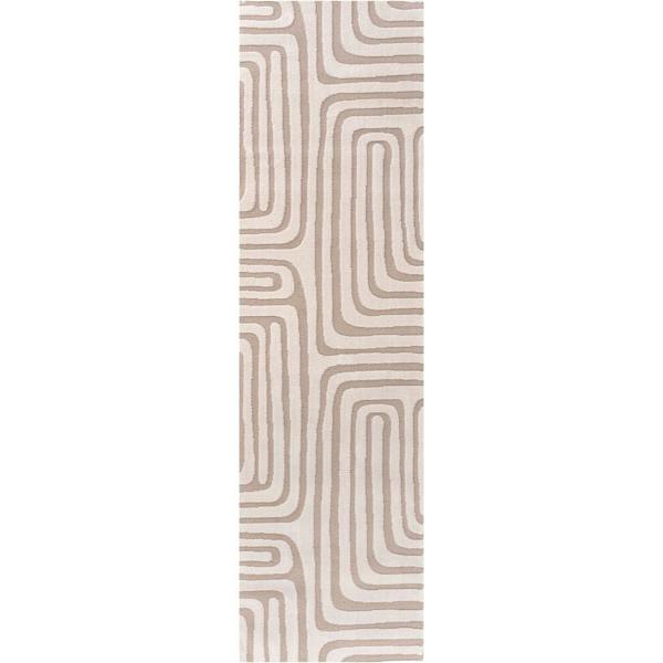 Rectangular area rug with a beige and brown wavy pattern on a white background