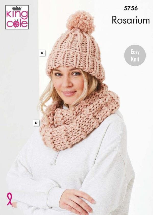 King Cole Rosarium Mega Chunky Knitting Pattern 5756, Headwear, Scarves for Women, One Size - Easy